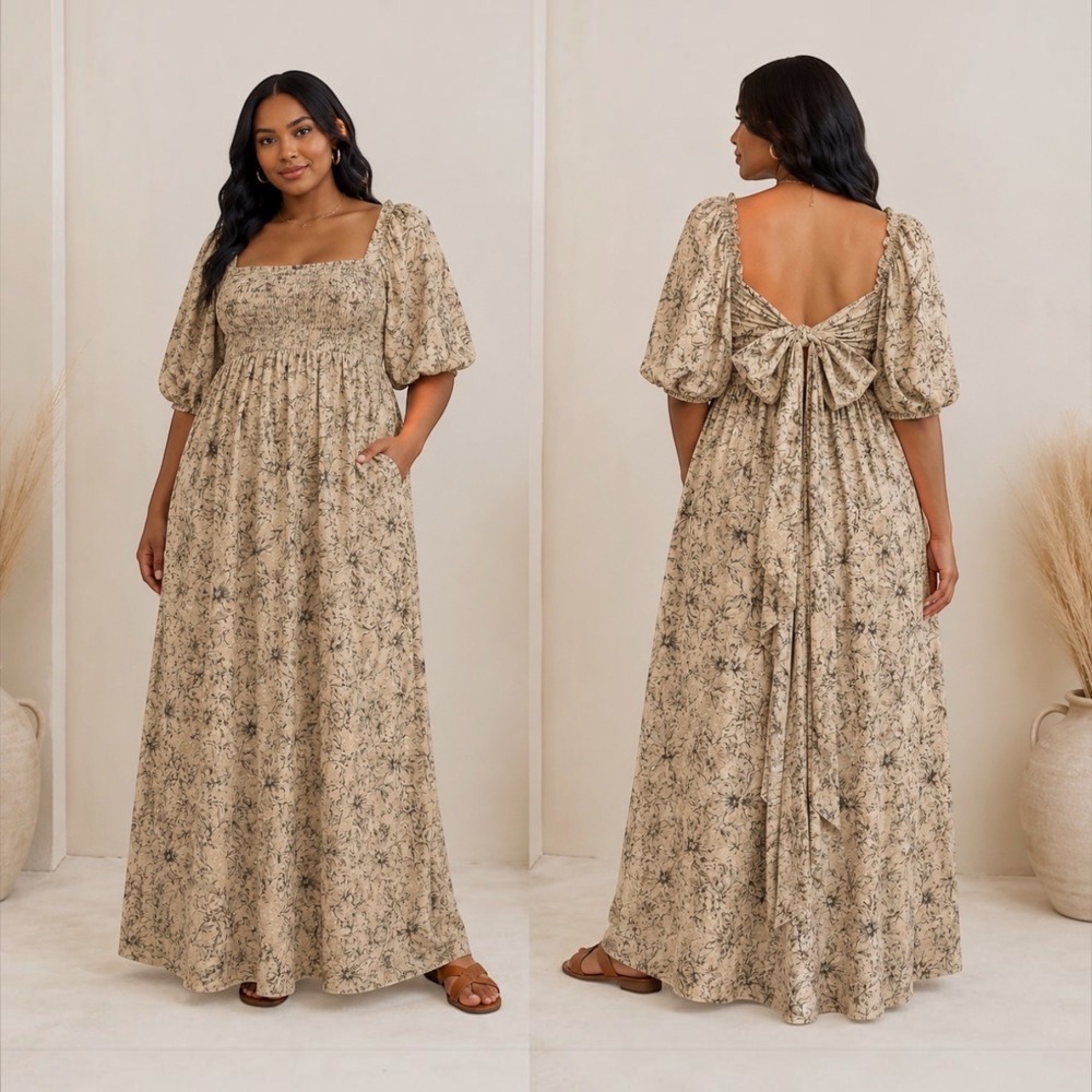Worth Collective Melody Maxi Dress XL Floral Bow Back Bump Friendly Pockets